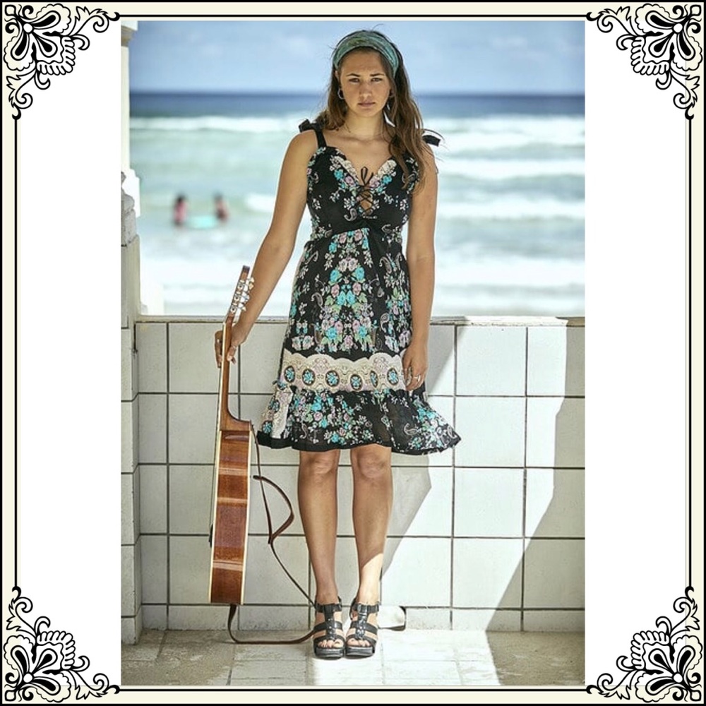 Floral Print Ruffle Black Blue Midi Dress - Picture 1 of 5